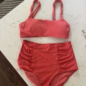 aerie ribbed scoop neck bikini top and high waisted bottoms in Harvest